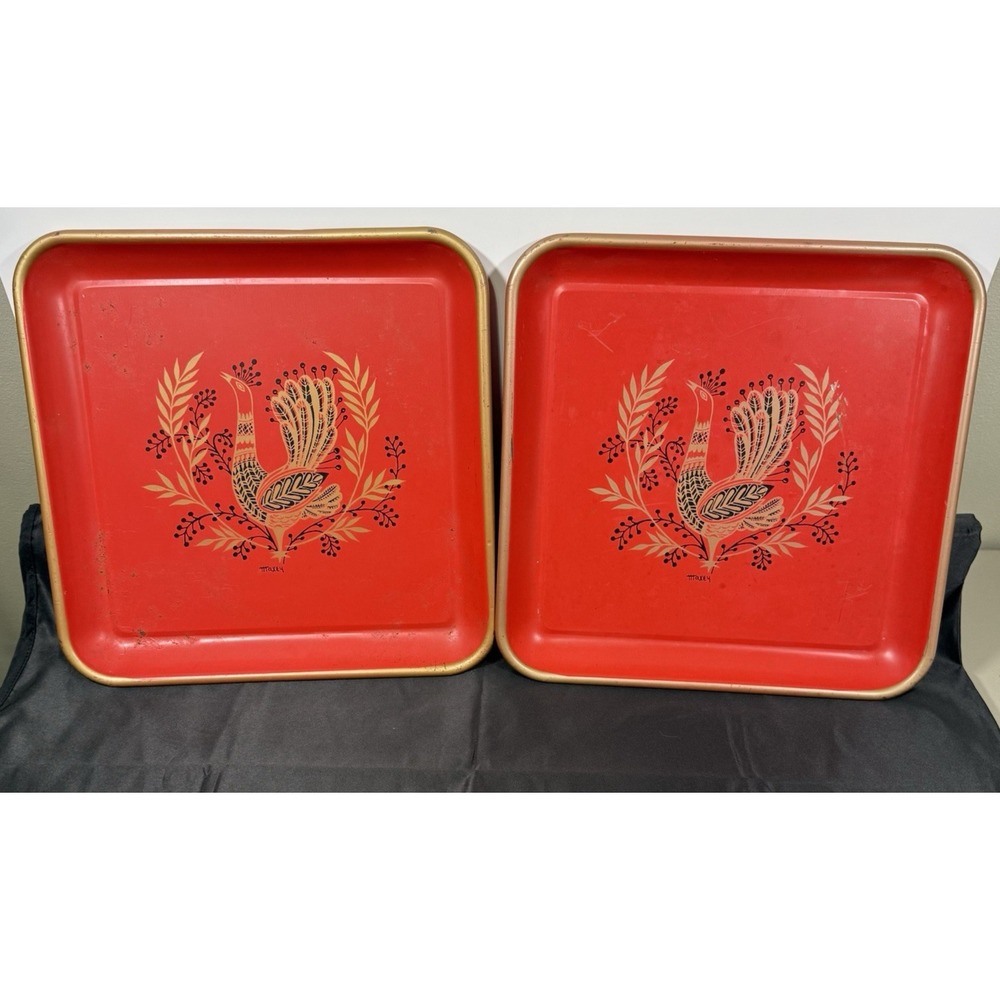 Maxey Serving Tray Set 2 13in Red Vtg MCM Peacock Metal Square Signed
